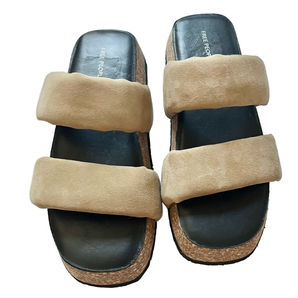 Free People Fairmont flared foot bed cork 2 microsuede tan camel foot straps sz8